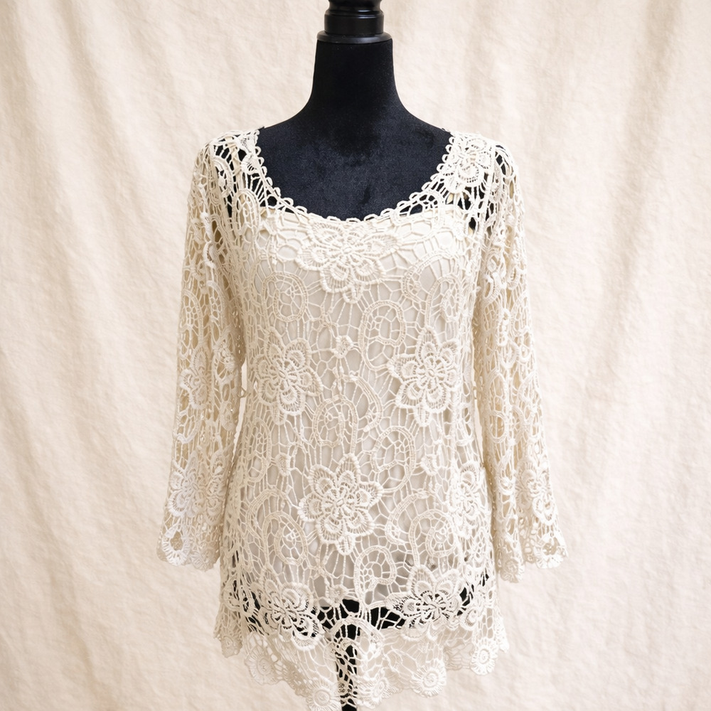 Boho Lace Overlay Top Crochet Floral Sheer Romantic Cottagecore Blouse L